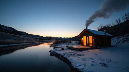 Fototapeta premium cozy wooden cabin by river, heated with geothermal energy