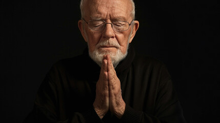 Devotion, cultural identity, and inner peace. Senior man praying on a black studio background, conveying a sense of spirituality, faith, and introspection
