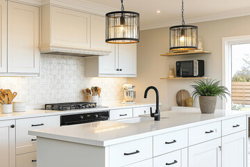 Modern Farmhouse Kitchen Design with White Cabinets and Black Accents