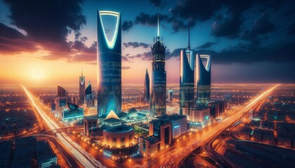 Saudi Arabias nighttime view Riyadh skyline with Kingdom Tower