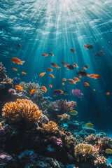 Obraz premium Illustration of a vibrant coral reef under clear blue water, teeming with life. Colorful fish swim among the coral, while rays of sunlight penetrate the surface, casting a mesmerizing glow over the