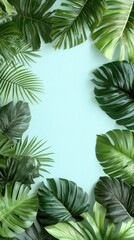 Small tropical plants frame a light blue space, perfect for showcasing messages or branding in a peaceful environment
