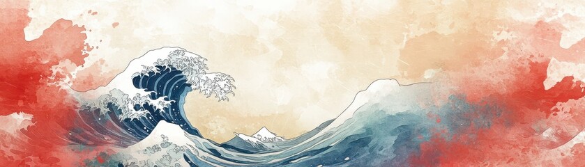 WabiSabiinspired Japanese wave motifs with a spontaneous, freeform watercolor touch, embodying imperfection