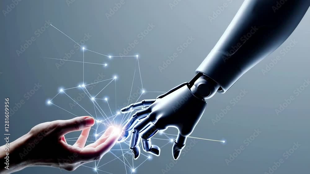 Aufkleber Human hand and robotic hand connecting, generating intricate digital network, symbolizing technological interaction and future innovation on gray backdrop, moving in slow motion