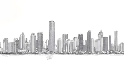 Fototapeta premium Detailed Ink Outline Skyline of Modern City Landmarks for Luxury Invitation