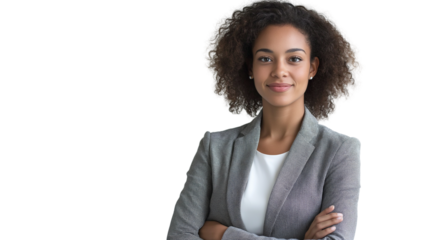 Corporate team leader in a professional blazer, inspiring and engaging gaze, neutral white background, isolated PNG