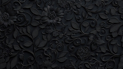 Intricate black floral lace pattern with detailed leaves and