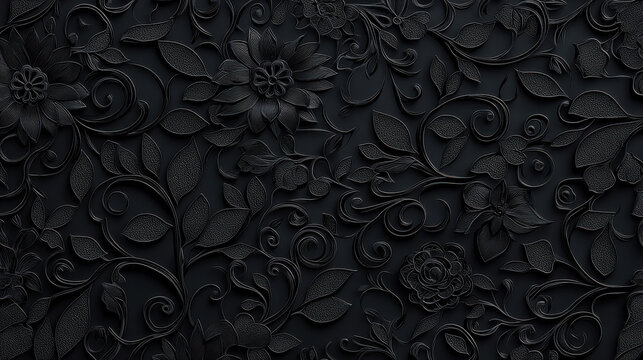 Intricate black floral lace pattern with detailed leaves and