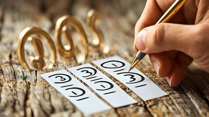 Hand writing 2023 resolutions on paper, gold numbers in background, wooden table