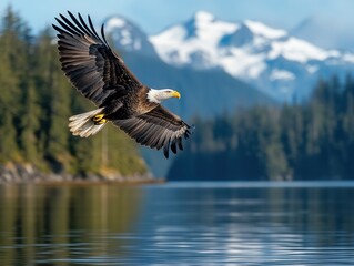 Obraz premium Bald eagle gracefully soars above the serene blue lake surrounded by majestic snow-capped mountains and lush pine forests. Generative AI