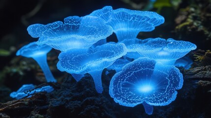Naklejka premium Mysterious glowing mushrooms illuminate a forest with enchanting blue hues at night