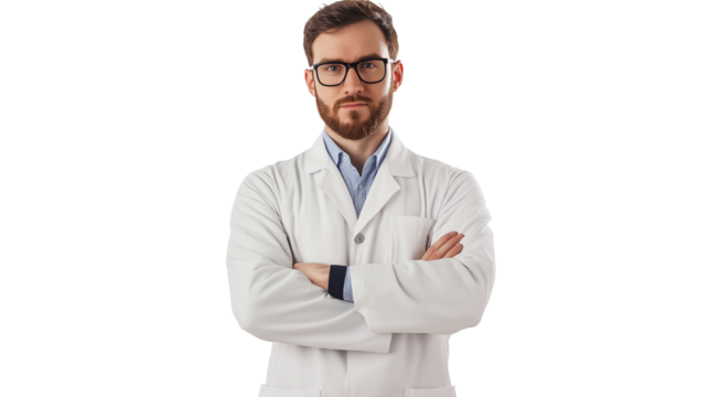 Scientist in a laboratory coat, focused expression, clean background, neutral lighting, isolated PNG
