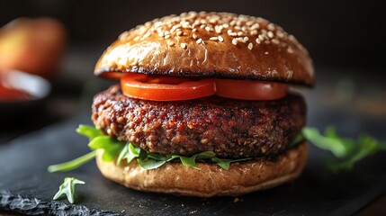 A juicy plantbased burger patty, cooked and ready to serve, with a goldenbrown crust and a soft interior