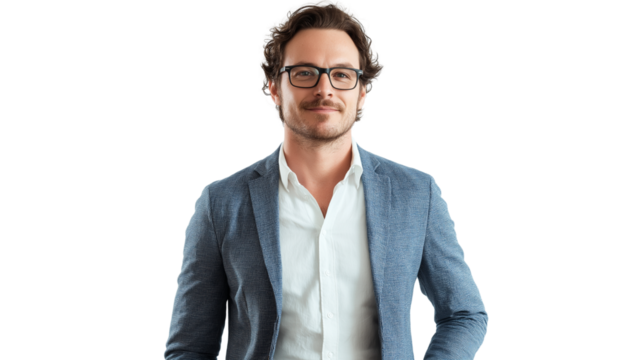 Startup founder in a casual blazer, stylish yet relaxed, confident expression, isolated PNG