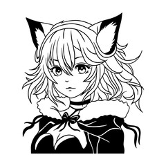 Black and white anime-style illustration of a fox girl with fluffy ears and wavy hair. Perfect for coloring pages, fantasy themes, furry art, and manga lovers. High-detail vector drawing.