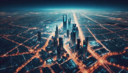 Top view of Riyadh at night modern city illuminated by street lights glowing satellite effect