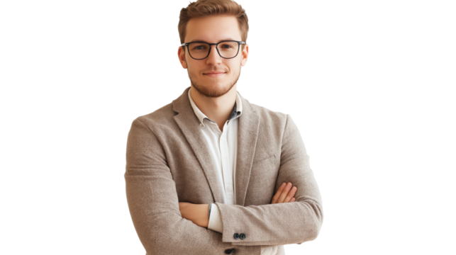 Startup founder in a casual blazer, stylish yet relaxed, confident expression, isolated PNG