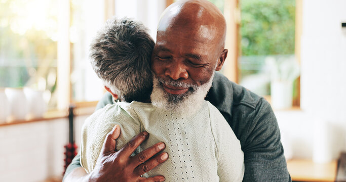 Mature, happy couple and hug with love for embrace, support or bonding moment together at home. Senior man, woman or lovers with smile, comfort or affection for relief, emotional healing or feeling