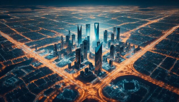 Top view of Riyadh at night modern city illuminated by street lights glowing satellite effect