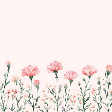 A cute Border Carnation up horizontal border, with minimal details and a simple illustration. Watercolor botanical banner for the design of invitations, cards, congratulations, announcements