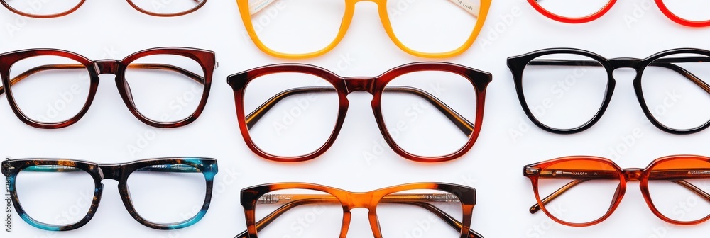 Poster stylish eyeglasses displayed in various colors and designs arranged neatly for a fashionable selecti