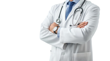 Modern-day doctor in a white coat, stethoscope around the neck, warm and reassuring smile, high-resolution, isolated PNG