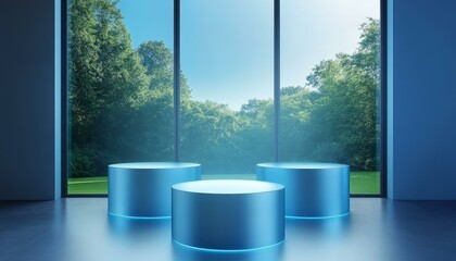 Modern Blue Product Display Stands with Nature View