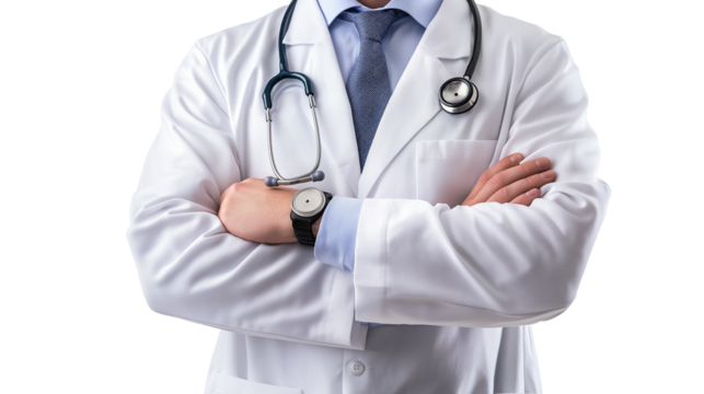 Modern-day doctor in a white coat, stethoscope around the neck, warm and reassuring smile, high-resolution, isolated PNG