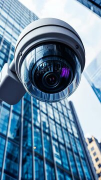 Modern surveillance camera monitors urban landscape with glass buildings reflecting sunlight