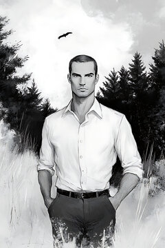 Stylish male character for a book in monochrome setting with strong presence
