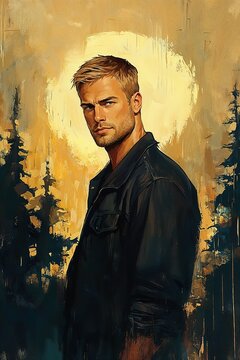 Adventurous male character for a book cover with a determined expression against a vibrant backdrop