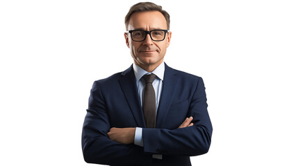 Portrait of a confident middle-aged lawyer, navy blue suit, silk tie, sophisticated glasses, charismatic expression, isolated PNG,