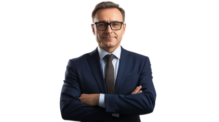 Portrait of a confident middle-aged lawyer, navy blue suit, silk tie, sophisticated glasses, charismatic expression, isolated PNG,