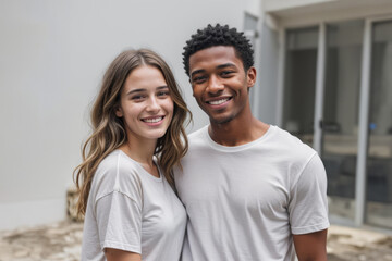 Obraz premium A beautiful, cheerful diverse couple is standing together, smiling and enjoying a happy moment of connection.