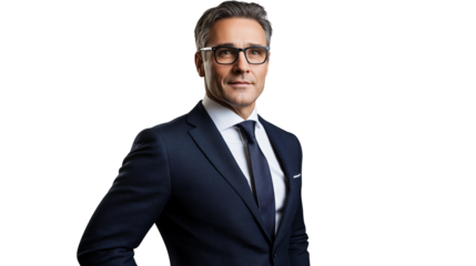 Portrait of a confident middle-aged lawyer, navy blue suit, silk tie, sophisticated glasses, charismatic expression, isolated PNG,