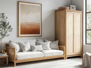 Modern Living Room with Light Wooden Furniture and Artwork