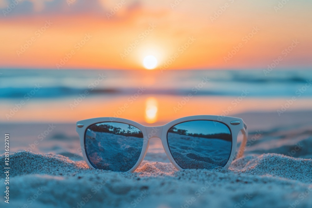 Poster reflections of a sunset in sunglasses resting on sandy beach by the ocean during a calm evening. gen
