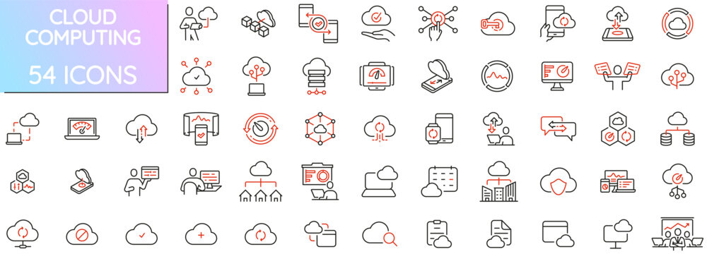 Vector Pack of Linear Icons Related to Network Cloud Service, Cloud Storage, Data Transfer and Synchronization. Mono line pictograms and infographics design elements