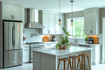 Fototapeta premium Modern White Kitchen Island Design with Stainless Steel Appliances