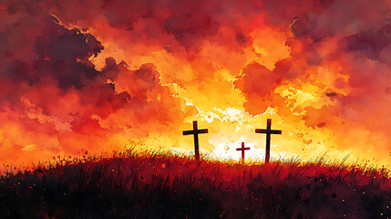Obraz premium Three wooden crosses silhouetted against a vibrant orange and red sunset, dramatic clouds filling the sky, soft rays of sunlight breaking through, a tranquil grassy hill in the foreground,
