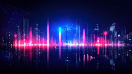 Fototapeta premium Abstract business growth scene with glowing data, digital charts, and futuristic office building silhouettes 