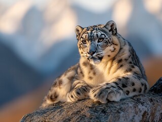 Obraz premium Majestic snow leopard rests gracefully on a sunlit rock amidst a breathtaking mountain backdrop. Generative AI