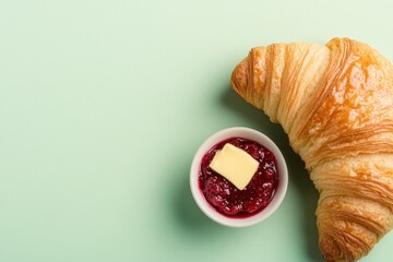 Golden croissant paired with rich berry jam and pat of butter on