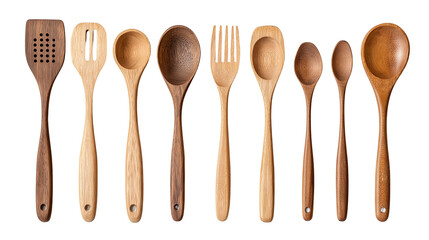 Handcrafted wooden kitchen utensils, eco-friendly, neutral white background, isolated PNG, high-resolution texture details