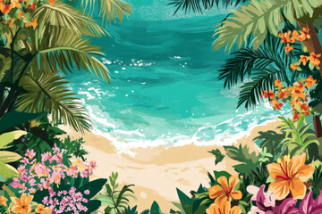 Illustration of a serene tropical beach with clear turquoise water gently lapping at the shore. Lush palm trees surround the beach, providing shade while vibrant tropical flowers bloom in the