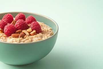 Creamy oatmeal topped with fresh raspberries and almonds in styl