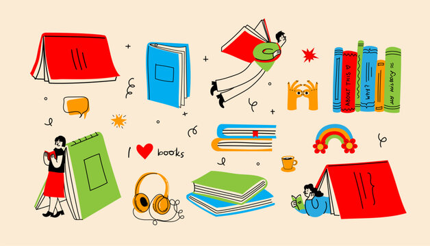 Big creative set illustrations for World Book Day. Collection cute cozy clip art with books, stack of book, people reading books, coffee cup, hands. Book lover concept.