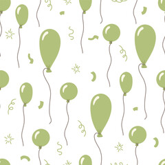Seamless pattern hand drawn green balloons and festive confetti elements, festive print vector illustration