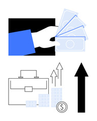 Hand holding cash, briefcase, graph arrows, coin stacks, and an upward arrow. Ideal for finance, investment, economic growth, business success financial planning profit increase wealth management