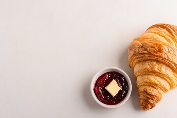 Warm, flaky croissant served with butter and rich berry jam on l
